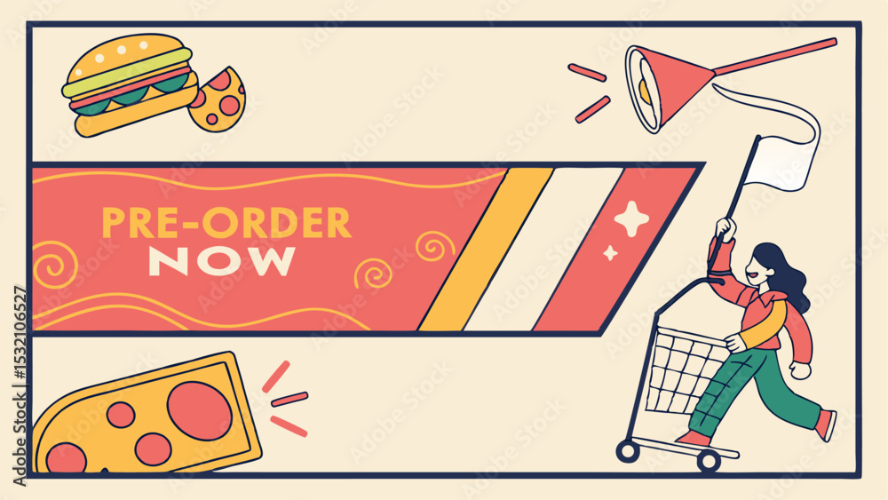 Fototapeta premium Illustration of a pre order now banner with a woman running with a shopping cart and food images around it