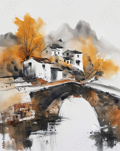 Mountain village with a tranquil bridge and autumn foliage in watercolor style highlighting nature's beauty and harmony. Generative AI