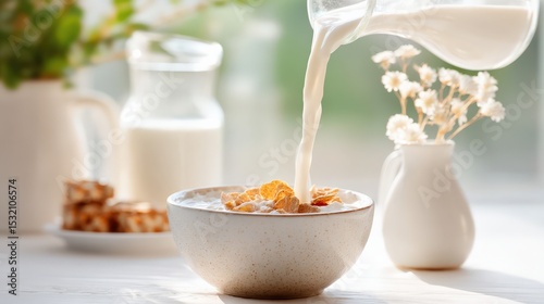 Fresh Breakfast with Milk Flowing into Bowl of Cereal in Morning Light