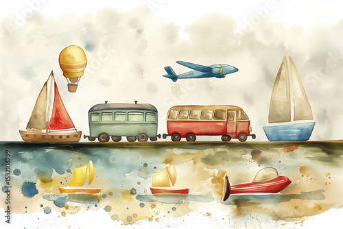 Colorful watercolor painting in kids style showcasing vibrant transport elements in a delightful coastal setting, perfect for art lovers. Generative AI