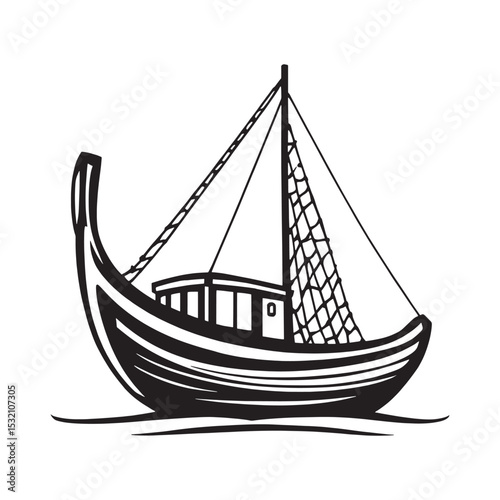 Hand drawn fishing boat vector line art illustration