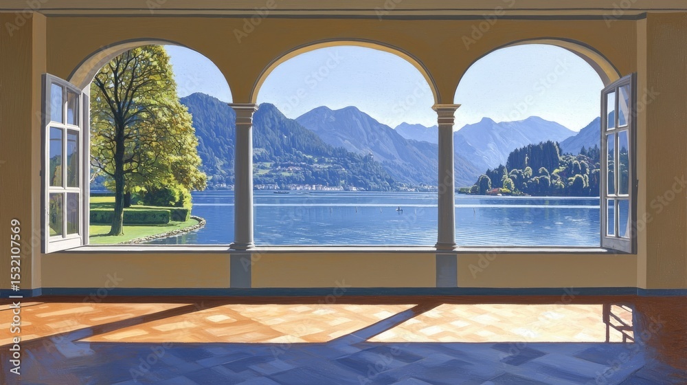 Fototapeta premium Lake View Through Arched Windows with Open Shutters