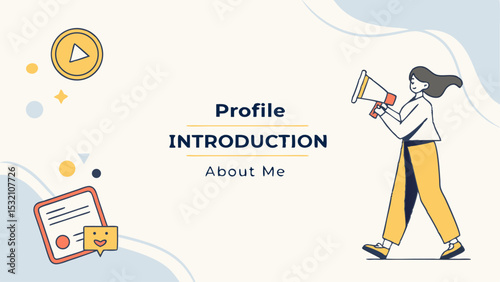 Illustration of a woman with a megaphone next to a profile introduction and a play button icon design