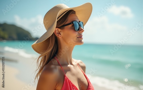 Stylish casual woman enjoying sun at tropical beach. High quality