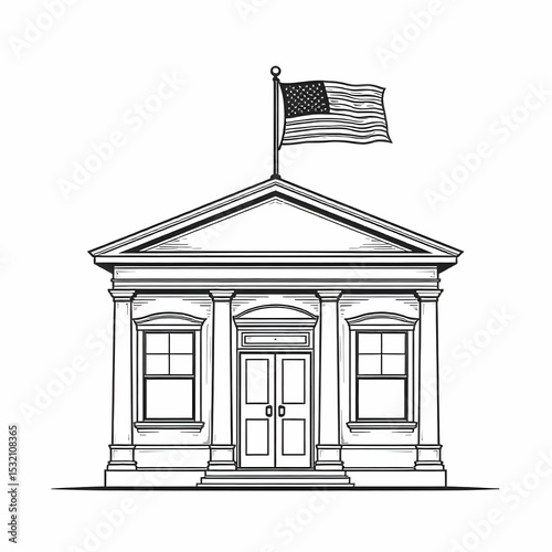 Black and white minimalist vector icon set of public buildings: post office, fire station, library, town hall, hospital, and police station, clean line art, no background