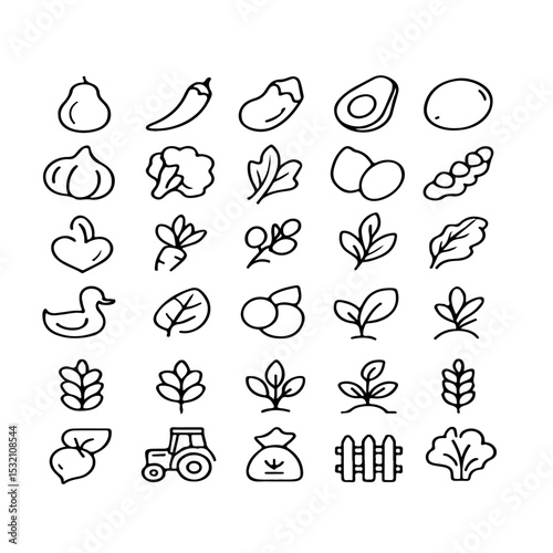 A simple black and white line drawing of various fruits vegetables and farm related objects in a grid pattern