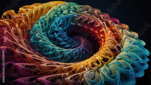 A vibrant abstract swirl of interwoven strands in a spectrum of colors on a dark background