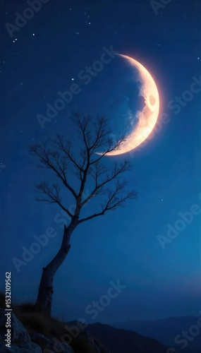 A lone, slender branch reaches towards a luminous crescent moon in a night sky, stars twinkling faintly in the background The scene evokes a sense of peace and mystery , dreamlike, quiet