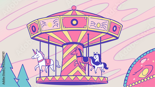 A whimsical carousel with horses and a unicorn against a pastel sky and stylized trees in foreground