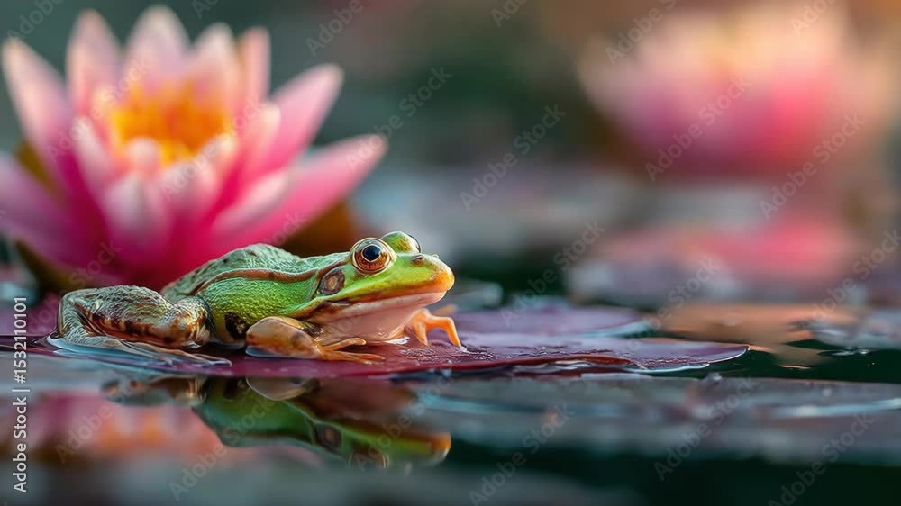 Green frog on lily pad with pond.