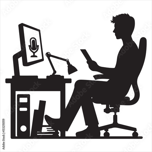 Silhouette of person remote working  ,  vector black color  , solide white colour background 