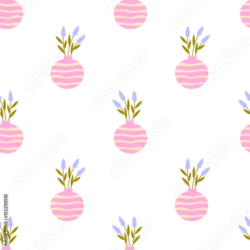 Modern Lavender Seamless Pattern. Minimalist Floral Bouquet in round Vase. Shabby Chic Provence Romanic Background. Repeat vector illustration