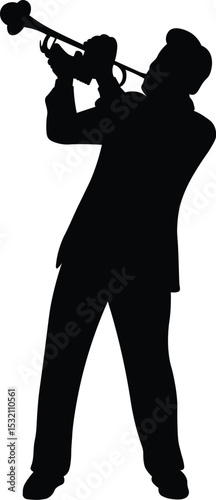 Trumpet player silhouette. Jazz musical instrument silhouette isolated on white background. Vector Illustration