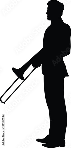 Trombone player silhouette. Jazz musical instrument silhouette isolated on white background. Vector Illustration