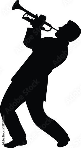 Trumpet player silhouette. Jazz musical instrument silhouette isolated on white background. Vector Illustration