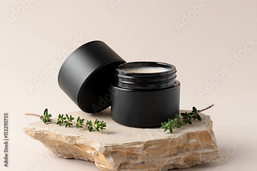 Stylish black jar of cream with natural herbal ingredients.