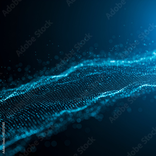 Abstract digital wave pattern with dynamic glowing points in a dark background. Data visualization of a flowing structure in a digital environment.