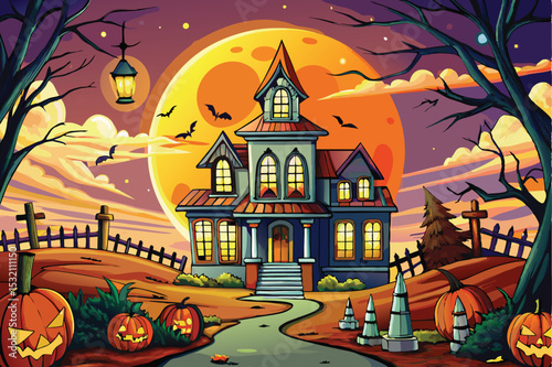 Spooky Halloween night illustration with a haunted house, castle, and pumpkin silhouettes under a full moon, featuring bats and a scary tree on a dark hill