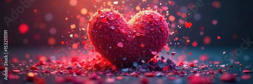 Close-up of a heart-shaped object exploding into vibrant, colorful confetti, symbolizing the chaotic and passionate energy of revolutionary love , romance, protest, fiery