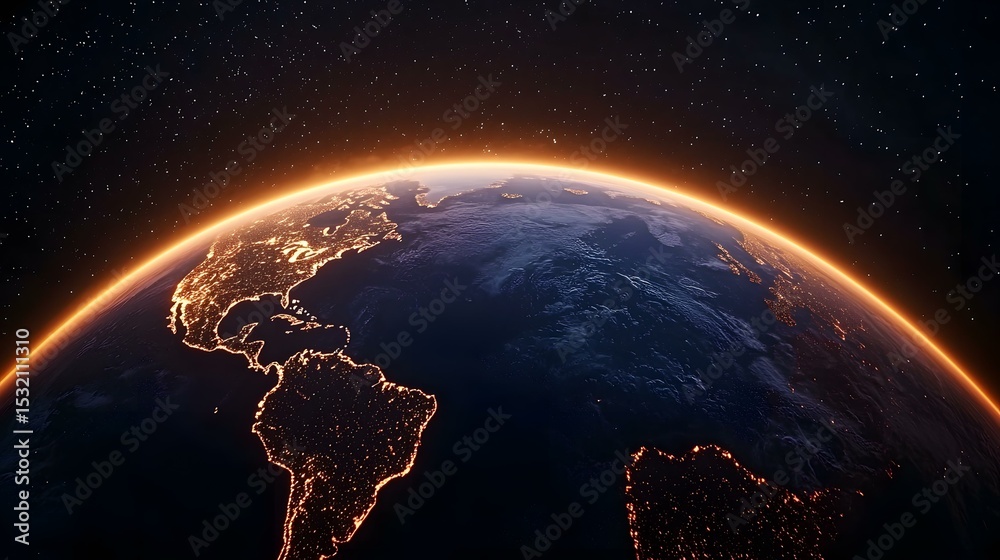 Obraz premium A breathtaking view of Earth from space, showcasing the Americas bathed in the warm glow of a rising sun, contrasting against the dark expanse of the ocean and the star-studded backdrop of space.