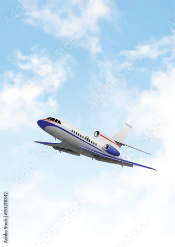 034-39-Luxurious private jet soaring through a picturesque cloudy blue sky, symbolizing high-end travel and executive transportation. Hand drawn illustration