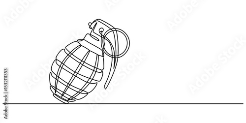 Continuous single line drawing of grenades isolated on white background. The equipment for war. Army weapon concept, Continuous one line drawing of hand grenade. equipment minimalism design. vector. 