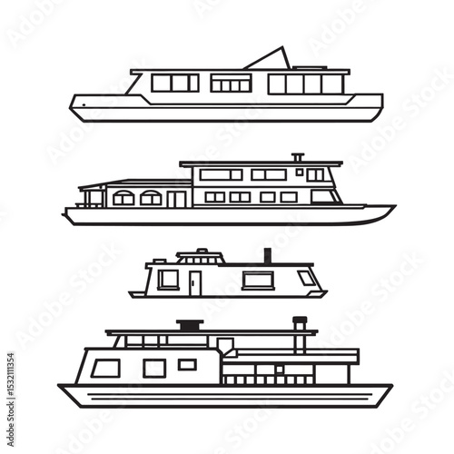 Houseboat vector line drawing with detailed architectural features