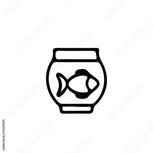 A simple black and white line drawing of a fish inside of a fishbowl on a white isolated background