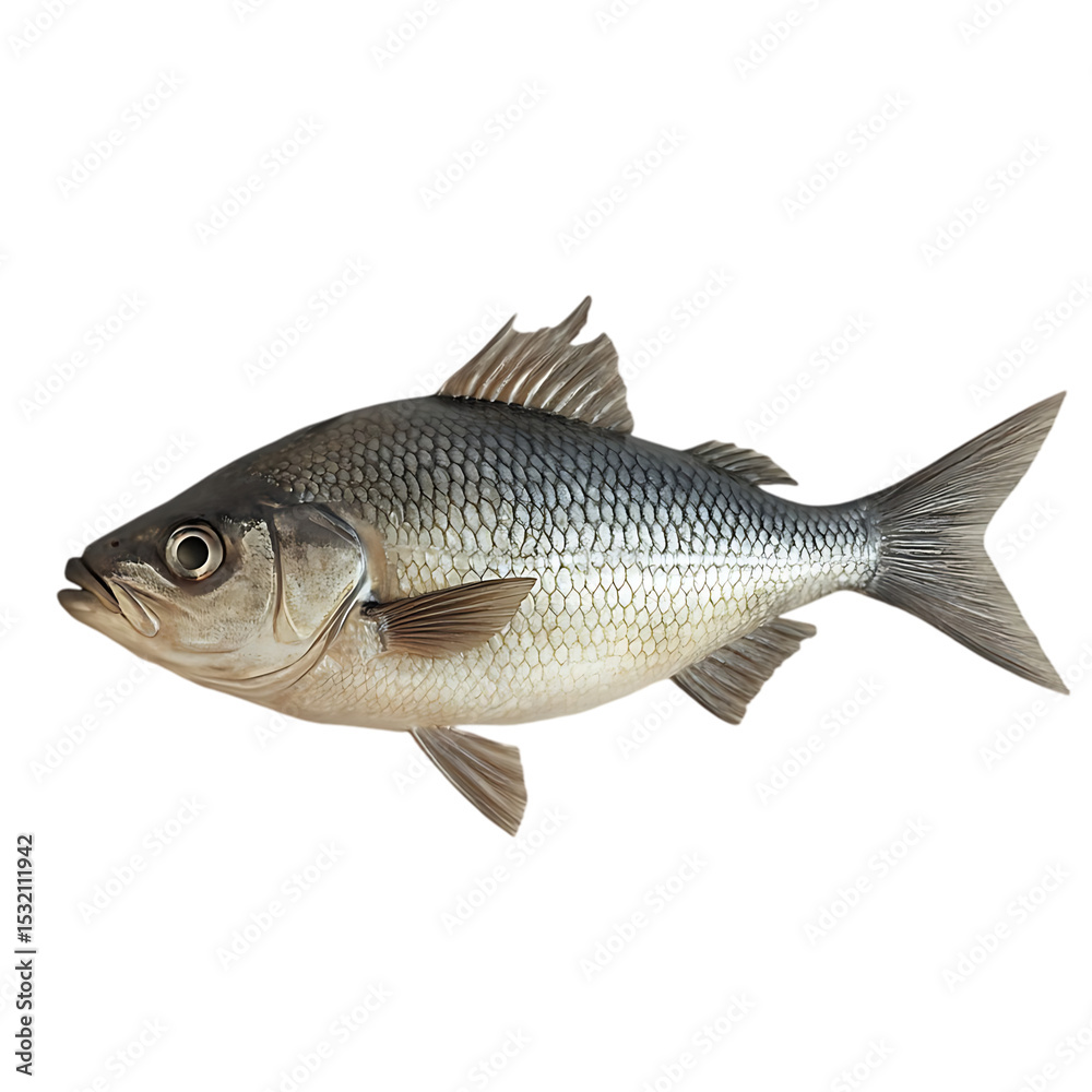 Detailed rendering of a silver fish isolated against a solid black background Detailed rendering of a silver fish isolated against a solid black background