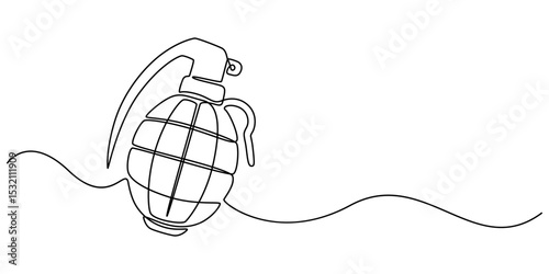 Continuous single line drawing of grenades isolated on white background. The equipment for war. Army weapon concept, Continuous one line drawing of hand grenade. equipment minimalism design. vector. 