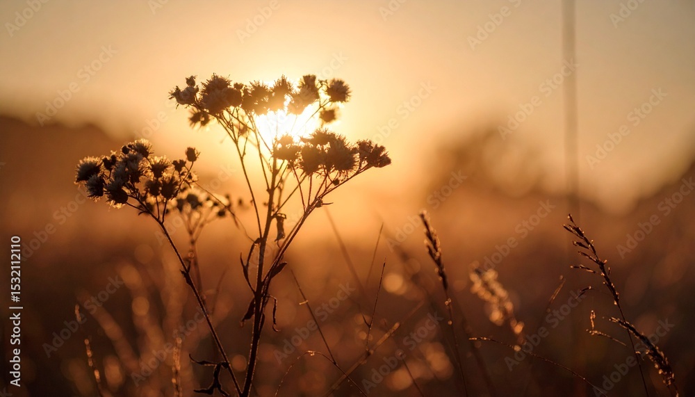 Obraz premium 夕日に照らされる野草のシルエットと夏の余韻