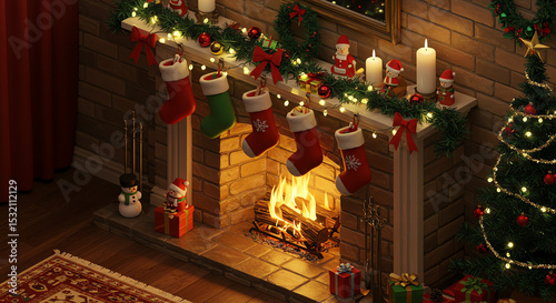 Christmas fireplace scene with stockings and ornaments