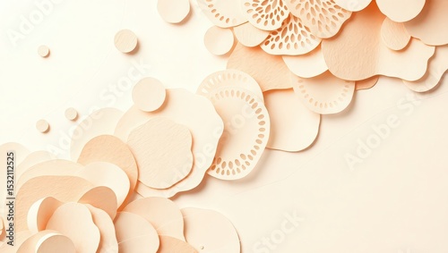 A delicate arrangement of layered paper circles and floral cutouts on a light background surface