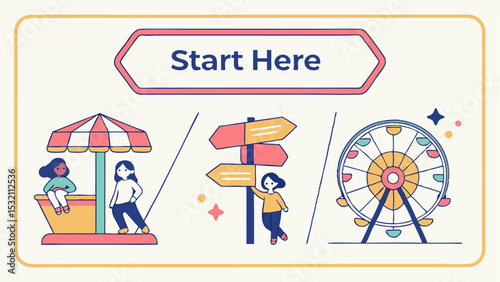 Illustration of a carnival scene with a start here sign, ride, directional sign, and ferris wheel design