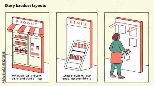 Illustration showing three different shop layouts with products and a customer in the last one