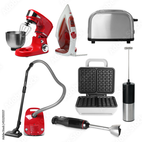 Stand mixer and other household appliances isolated on white, set photo