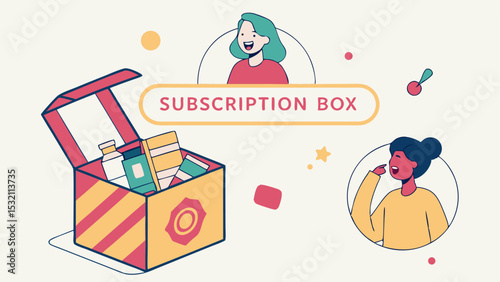 Illustration of subscription box with products inside and two women in circles on a light background
