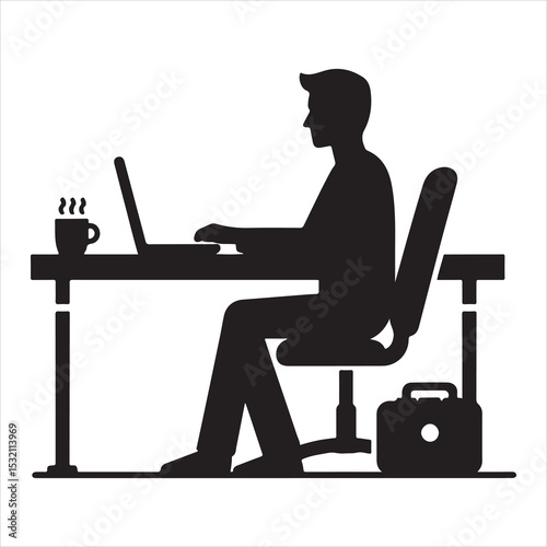 Silhouette of person remote working  ,  vector black color  , solide white colour background 