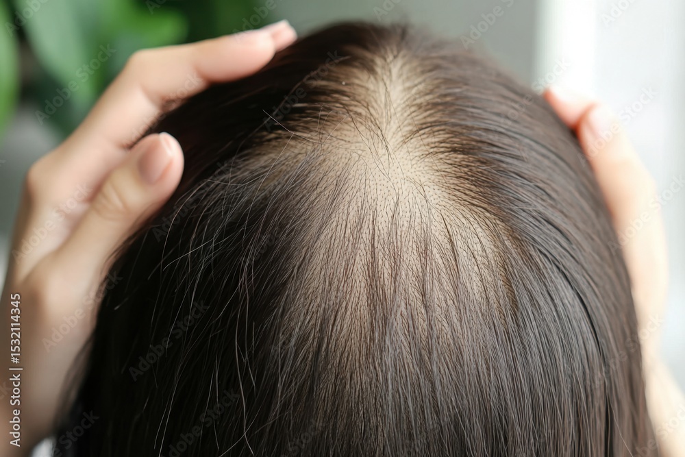 Fototapeta premium Damaged hair symptom, problem hair fall asian young woman, girl worry about balding, looking at scalp in mirror, hand in break into front hair loss, thin problem. Health care treatment