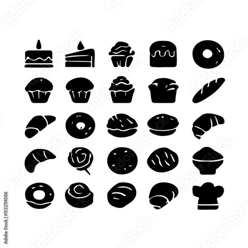 A collection of various black silhouette bakery items including cakes muffins donuts and pastries icons set art