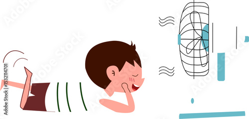 boy cooling off with fan