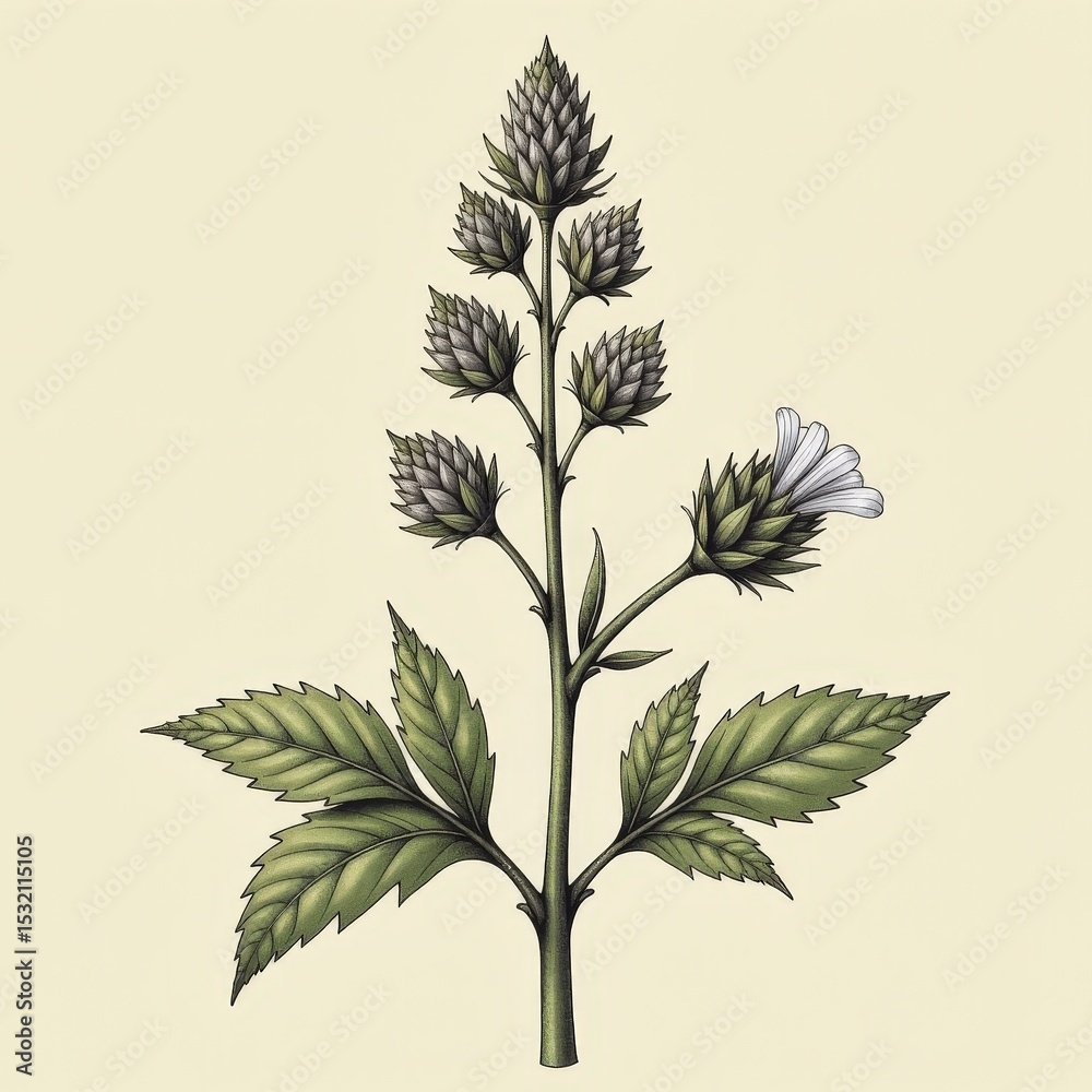 Fototapeta premium Botanical illustration of berry and white flowering plant with green leaves.