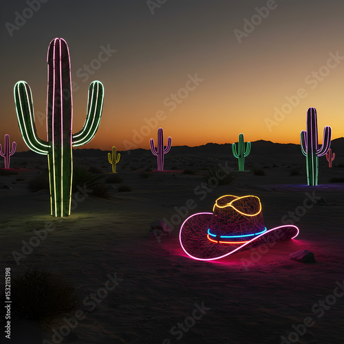Illuminated Desert Cactus Landscape: Night Photography, Southwestern US, Neon Cactus Art, Artistic Lighting, Pixelated Cactus, Desert Scene, Artistic Installation on transparent background