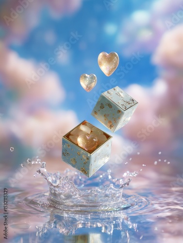 Floating cosmetic beauty package with heart elements in serene water environment