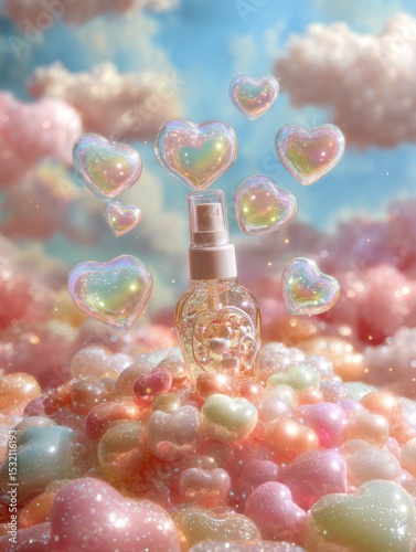 Beauty cosmetic package surrounded by colorful clouds dreamy fantasy environment whimsical viewpoint