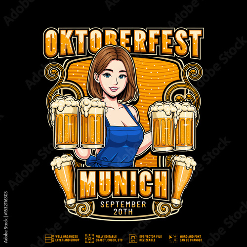 Logo for Oktoberfest festival with illustration of girl carrying two glasses of beer and editable text
