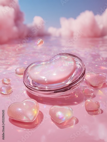 Cosmetic beauty package display dreamy pink environment heart-shaped content in serene cloudy setting