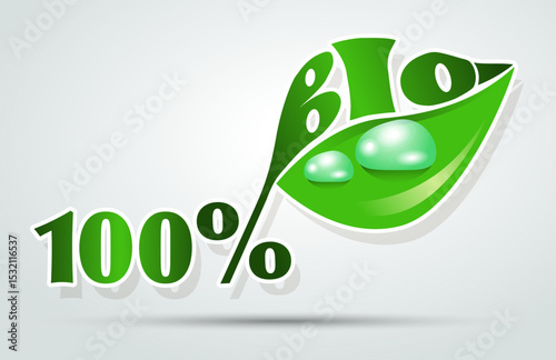 100% bio product sign banner label with green leaf natural biological products