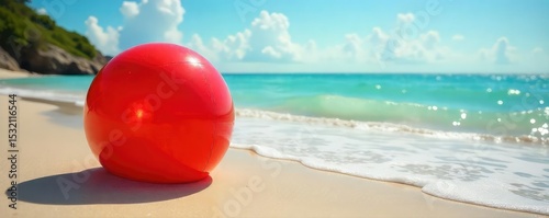 A bright red beach ball bounces playfully on a sun-drenched, sandy shore, waves gently lapping nearby Perfect for summer vacation themes and playful imagery , happy, red, sky