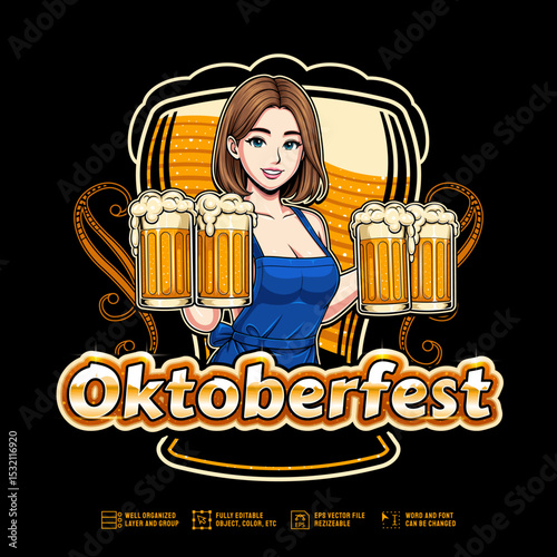 Logo for Oktoberfest festival event with illustration of girl and beer glass